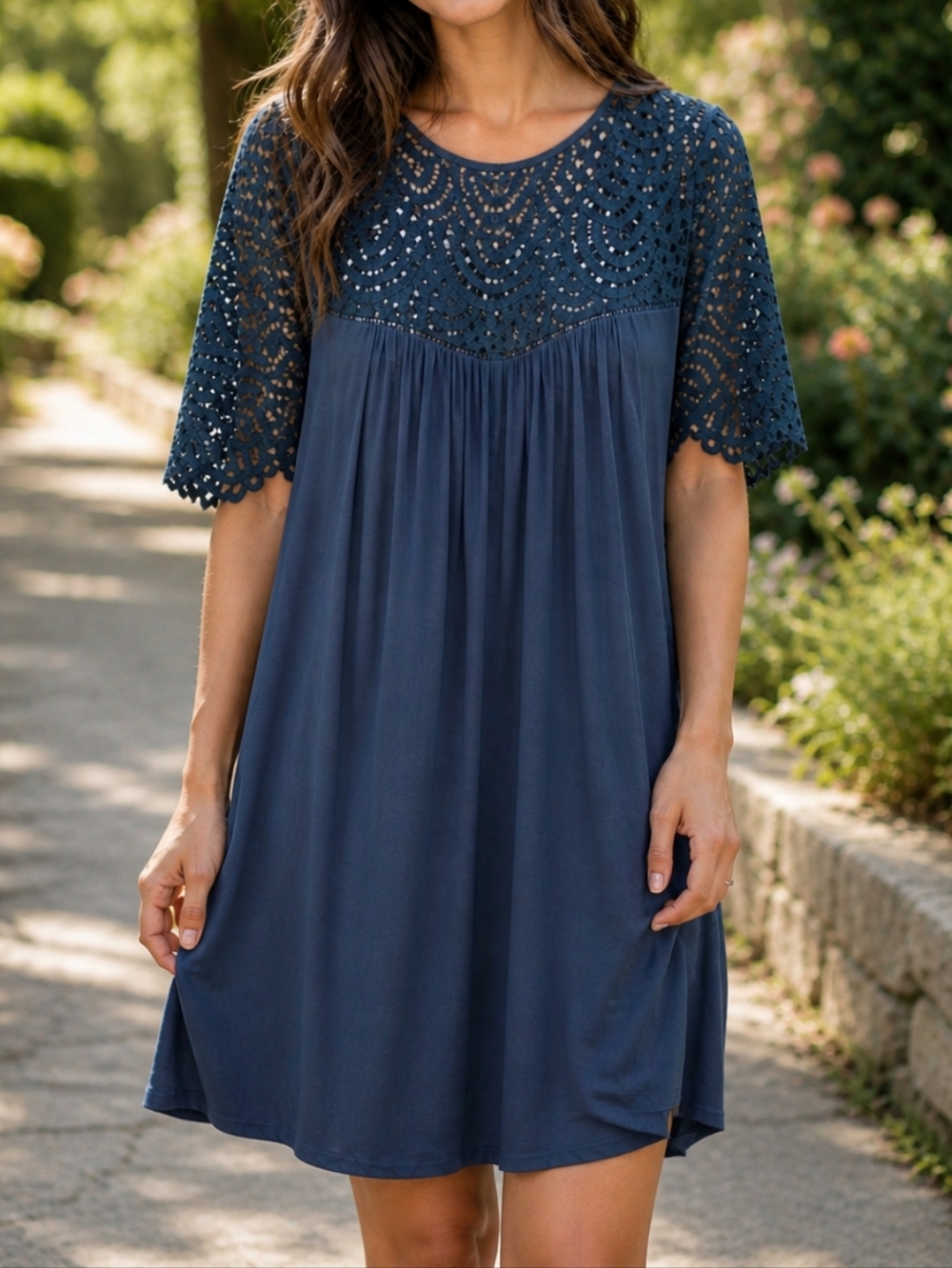 Gentle Fawn Navy Lace Yoke Dress Short Sleeve Boho Chic Flowy Mini Cottagecore
